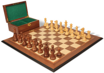 Image of ID 1357713065 Fischer-Spassky Commemorative Chess Set Golden Rosewood & Boxwood Pieces with Walnut Molded Edge Board & Box - 375" King