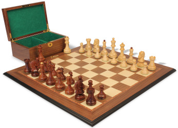 Image of ID 1357713066 Dubrovnik Staunton Chess Set Golden Rosewood & Boxwood Pieces with Walnut Molded Board & Box - 39" King