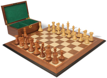 Image of ID 1357832011 New Exclusive Staunton Chess Set Golden Rosewood & Boxwood Pieces with Walnut Molded Board & Box - 3" King