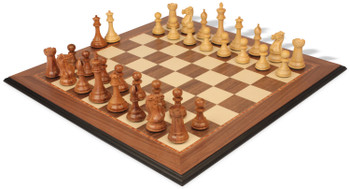 Image of ID 1357832013 New Exclusive Staunton Chess Set Golden Rosewood & Boxwood Pieces with Walnut & Maple Molded Edge Board - 4" King