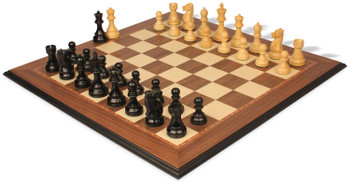 Image of ID 1357832021 Fischer-Spassky Commemorative Chess Set Ebonized & Boxwood Pieces with Walnut & Maple Molded Edge Board - 375" King