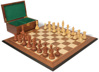 Image of ID 1358006980 British Staunton Chess Set Golden Rosewood & Boxwood Pieces with Walnut Molded Board & Box - 35" King