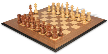 Image of ID 1358006982 French Lardy Staunton Chess Set Golden Rosewood & Boxwood Pieces with Walnut & Maple Molded Edge Board - 375" King
