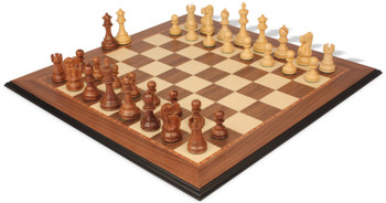 Image of ID 1358006986 Deluxe Old Club Staunton Chess Set Golden Rosewood & Boxwood Pieces with Walnut & Maple Molded Edge Board - 375" King
