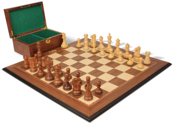 Image of ID 1358006989 Deluxe Old Club Staunton Chess Set Golden Rosewood & Boxwood Pieces with Walnut Molded Board & Box - 375" King