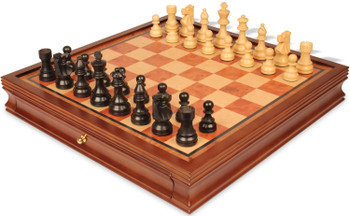 Image of ID 1358304146 French Lardy Staunton Chess Set Ebonized & Boxwood Pieces with Elm Burl & Bird's-Eye Maple Chess Case - 375" King