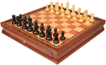 Image of ID 1358304147 Deluxe Old Club Staunton Chess Set Ebonized & Boxwood Pieces with Elm Burl & Bird's-Eye Maple Chess Case - 325" King