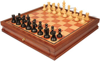 Image of ID 1358304150 Reykjavik Series Chess Set Ebony & Boxwood Pieces with Elm Burl & Bird's-Eye Maple Chess Case - 325" King