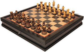 Image of ID 1358304155 Reykjavik Series Chess Set Burnt Boxwood Pieces with Black & Bird's-Eye Maple Chess Case - 375" King