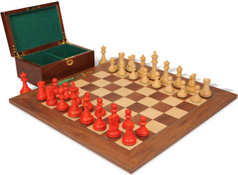 Image of ID 1358304156 Reykjavik Series Chess Set Crimson & Boxwood Pieces with Walnut & Maple Deluxe Board & Box - 375" King