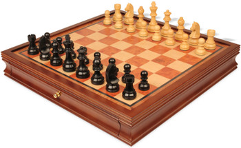 Image of ID 1358304157 German Knight Staunton Chess Set Ebonized & Boxwood Pieces with Elm Burl & Bird's-Eye Maple Chess Case - 325" King