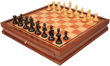 Image of ID 1358304161 Fierce Knight Staunton Chess Set Ebonized & Boxwood Pieces with Elm Burl & Bird's-Eye Maple Chess Case - 3" King