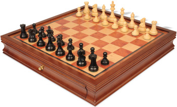 Image of ID 1358506231 British Staunton Chess Set Ebonized & Boxwood Pieces with Elm Burl & Bird's-Eye Maple Chess Case - 35" King