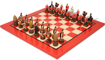 Image of ID 1358781863 British & Zulu Theme Chess Set with Red & Erable High Gloss Deluxe Board