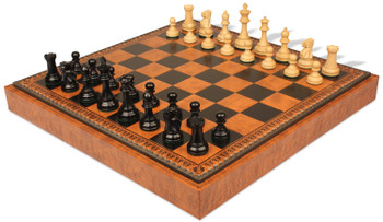 Image of ID 1358781871 British Staunton Chess Set Ebonized & Boxwood Pieces with Leatherette Board & Tray - 35" King