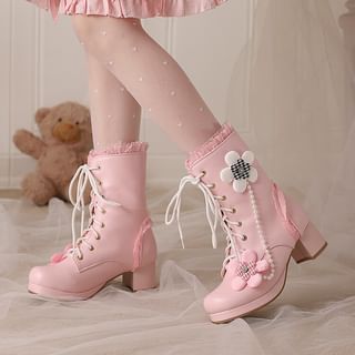 Image of ID 1358813903 Flower Lace-Up Platform Chunky Heel Mid-Calf Boots