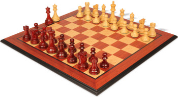 Image of ID 1358929721 Reykjavik Series Chess Set Padauk & Boxwood Pieces with Padauk & Bird's-Eye Maple Molded Edged Board - 325" King