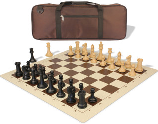Image of ID 1359133832 Professional Deluxe Carry-All Plastic Chess Set Black & Camel Pieces with Vinyl Roll-up Board & Bag - Brown