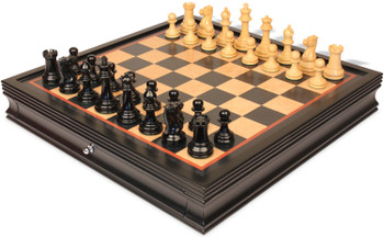 Image of ID 1359133840 1849 Heirloom Staunton Chess Set Ebony & Boxwood Pieces with Black & Bird's-Eye Maple Chess Case - 35" King