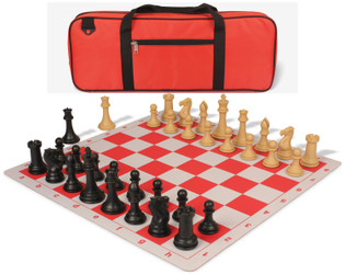 Image of ID 1359133842 Professional Deluxe Carry-All Plastic Chess Set Black & Camel Pieces with Lightweight Floppy Board - Red