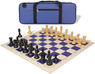 Image of ID 1359133846 Professional Deluxe Carry-All Plastic Chess Set Black & Camel Pieces with Vinyl Roll-up Board & Bag - Blue