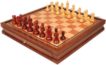 Image of ID 1359133854 Deluxe Old Club Staunton Chess Set Padauk & Boxwood Pieces with Elm Burl & Bird's-Eye Maple Chess Case - 325" King