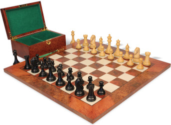 Image of ID 1360605301 The Craftsman Series Chess Set Ebony & Boxwood Pieces with Elm Burl & Erable Board & Box - 375" King