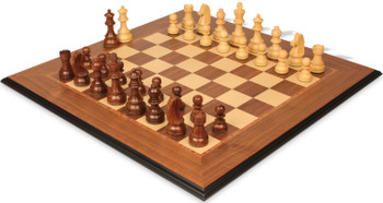 Image of ID 1360699461 German Knight Staunton Chess Set Golden Rosewood & Boxwood Pieces with Molded Edge Walnut Board - 375" King
