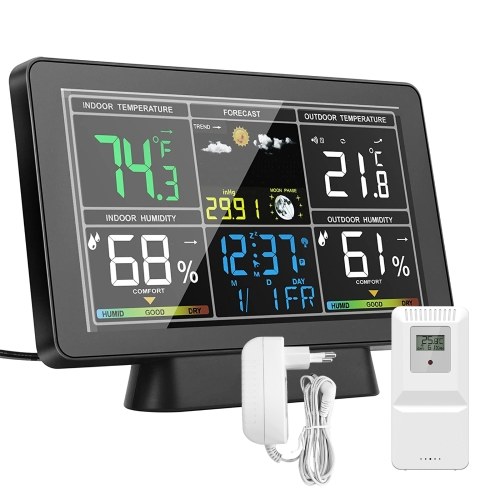 Image of ID 1360780695 Color Screen Smart Weather Station Temperature and Humidity Meter Weather Clock with Moon Phase Display Atmospheric Pressure Display Radio Time Automatic Calibration Function (WWVB DCF MSF with DST Function)