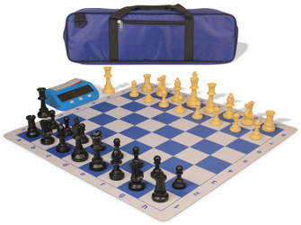 Image of ID 1361823587 Weighted Standard Club Large Carry-All Plastic Chess Set Black & Camel Pieces with Bag Clock & Lightweight Floppy Board - Royal Blue