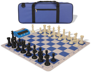 Image of ID 1361823589 Executive Deluxe Carry-All Plastic Chess Set Black & Ivory Pieces with Clock & Lightweight Floppy Board & Bag - Royal Blue