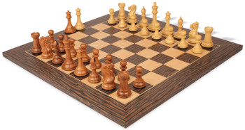 Image of ID 1363722030 New Exclusive Staunton Chess Set Acacia & Boxwood Pieces with Deluxe Tiger Ebony & Maple Board - 35" King