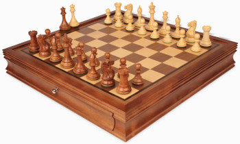 Image of ID 1363722031 New Exclusive Staunton Chess Set Acacia & Boxwood Pieces with Deluxe Two-Drawer Walnut Case - 35" King