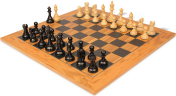 Image of ID 1368080891 British Staunton Chess Set Ebony & Boxwood Pieces with Olive Wood & Black Deluxe Board - 35" King