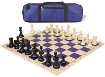 Image of ID 1369132574 Conqueror Carry-All Plastic Chess Set Black & Ivory Pieces with Vinyl Rollup Board - Blue
