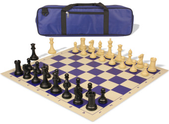 Image of ID 1369132579 Conqueror Carry-All Plastic Chess Set Black & Camel Pieces with Vinyl Rollup Board - Blue