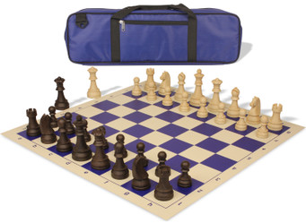 Image of ID 1369132583 German Knight Carry-All Plastic Chess Set Wood Grain Pieces with Vinyl Rollup Board - Blue