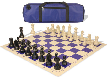 Image of ID 1369132623 German Knight Carry-All Plastic Chess Set Black & Aged Ivory Pieces with Vinyl Rollup Board - Blue