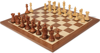 Image of ID 1370606487 New Exclusive Staunton Chess Set Acacia & Boxwood Pieces with Sunrise Walnut Chess Board - 35" King