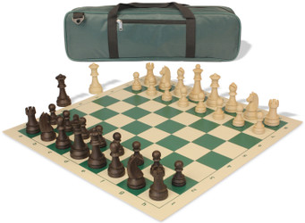 Image of ID 1370903317 German Knight Carry-All Plastic Chess Set Wood Grain Pieces with Vinyl Rollup Board - Green