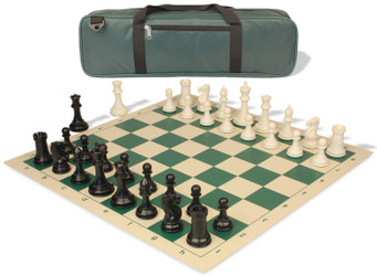 Image of ID 1370903337 Conqueror Carry-All Plastic Chess Set Black & Ivory Pieces with Vinyl Rollup Board - Green