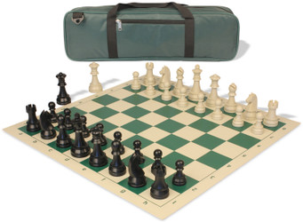 Image of ID 1370903356 German Knight Carry-All Plastic Chess Set Black & Aged Ivory Pieces with Vinyl Rollup Board - Green