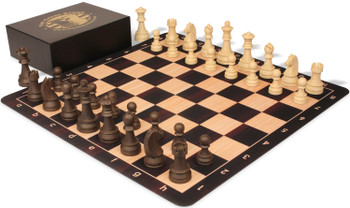 Image of ID 1373073830 German Knight Plastic Chess Set Wood Grain Pieces with Macassar Floppy Board & Box