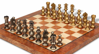 Image of ID 1374426484 Small French-Style Staunton Solid Brass Chess Set with Elm Burl Chess Board