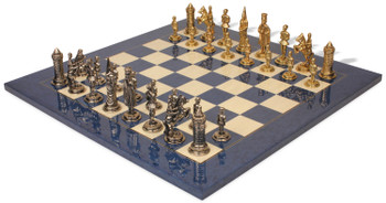 Image of ID 1374426498 Camelot Theme Metal Chess Set Blue Ash Burl Chess Board