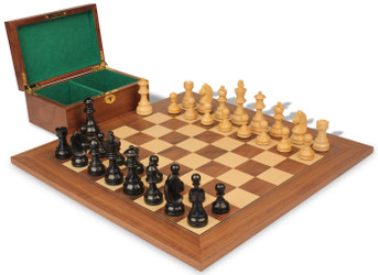 Image of ID 1375710382 Queen's Gambit Chess Set Ebonized & Boxwood Pieces with Deluxe Walnut Board & Box - 375" King