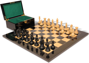 Image of ID 1375710398 Fierce Knight Staunton Chess Set Ebony & Boxwood Pieces with Black & Ash Burl Board & Box - 4" King