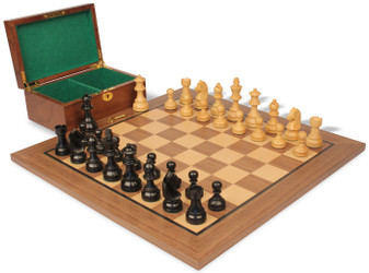 Image of ID 1375710400 Queen's Gambit Chess Set Ebonized & Boxwood Pieces with Classic Walnut Board & Box - 375" King
