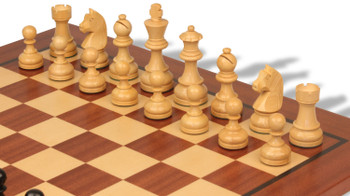 Image of ID 1375710401 Queen's Gambit Chess Set Ebonized & Boxwood Pieces with Classic Mahogany Board & Box - 375" King