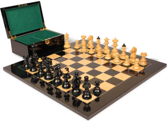 Image of ID 1375710406 Vienna Coffee House Antique Reproduction Chess Set High Gloss Black & Boxwood Pieces with Black & Ash Burl Board & Box - 4" King